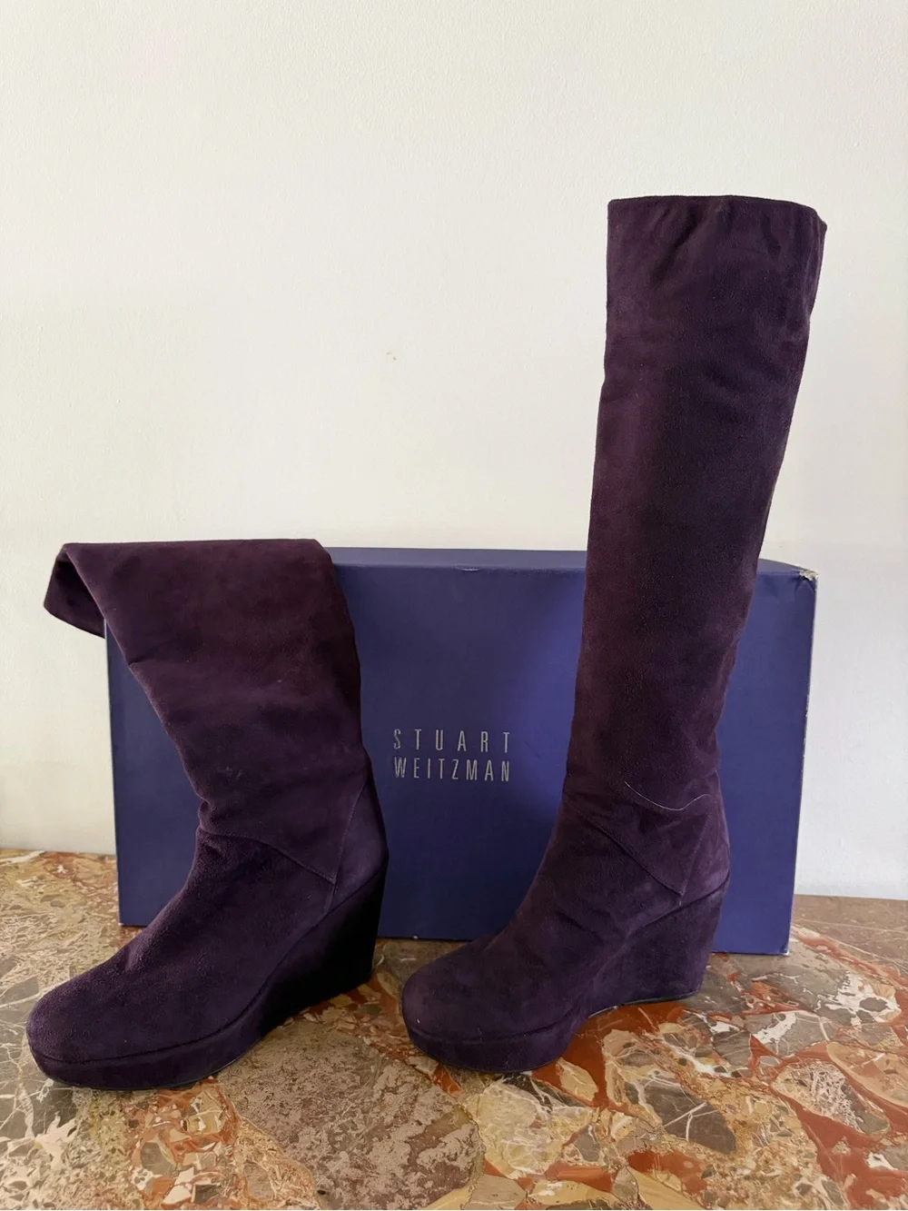 Stuart Weitzman Purple Suede Knee-High Wedge Boots